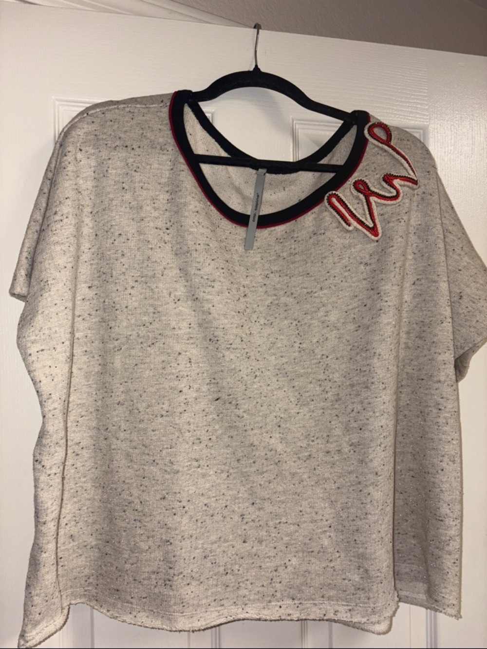 Cop Copine Women’s Cream Speckled Short Sleeve Top with Contrast Trim Large